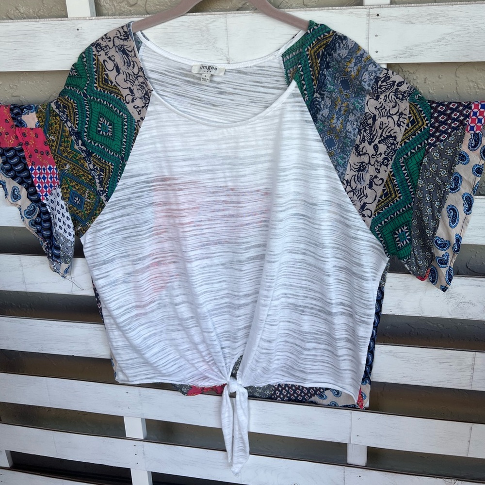 UMGEE Women’s Boho Floral Flutter Sleeve See Through Shirt Size  Large